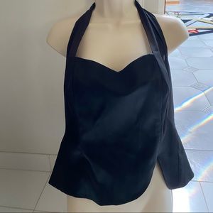 Black Satin Bustier top. Ties at neck with chiffon straps. Back zipper